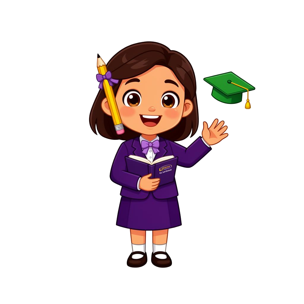 ELLA, Edtivate Learning's friendly study mascot, smiling and waving with a book and pencil